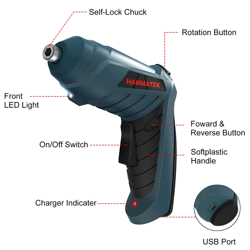 Hanmatek Rechargeable Electric Screwdriver Set – Mini Wireless LED Battery Kit