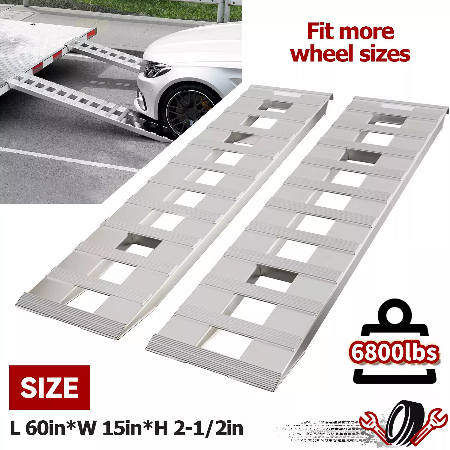 Pair Aluminum 6800LBS Trailer Ramps Hook End For Truck Car Auto  60''X15''