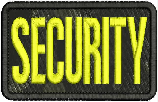 SECURITY EMBROIDERY PATCH 3X5 HOOK ON BACK YELLOW ON BLACK multicam