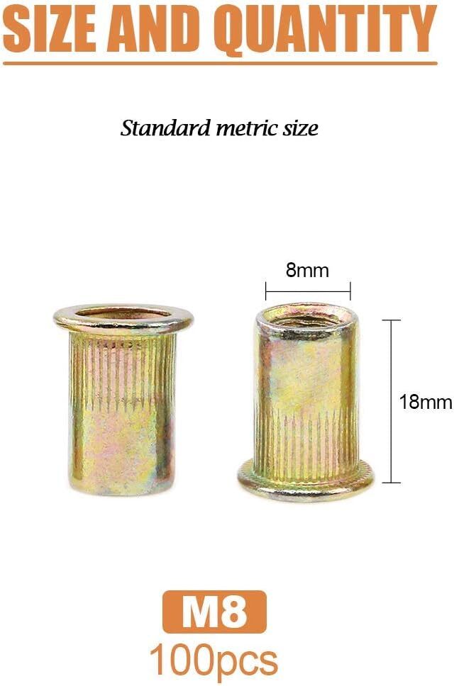 Keadic 100Pcs M8 Rivet Nuts Zinc Plated Carbon Steel Flat Head Threaded Inserts