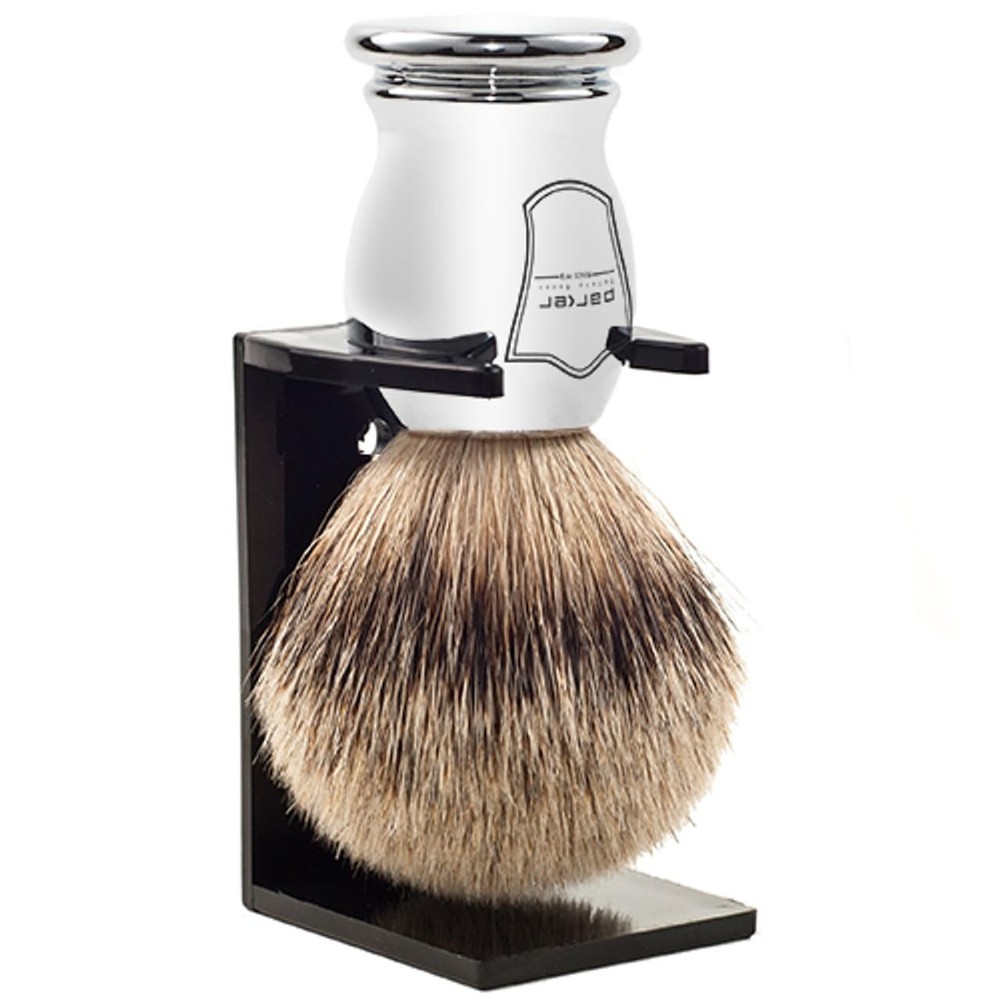 Parker Silvertip Badger Brush | Chrome Handle & Stand | Luxury Lather
