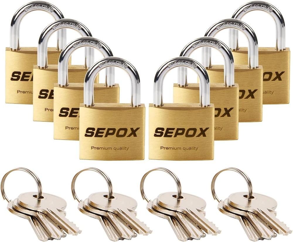 8-Pack Solid-Brass Padlocks, Keyed Alike 1-3/16'' Anti-Cut Shackle for Security