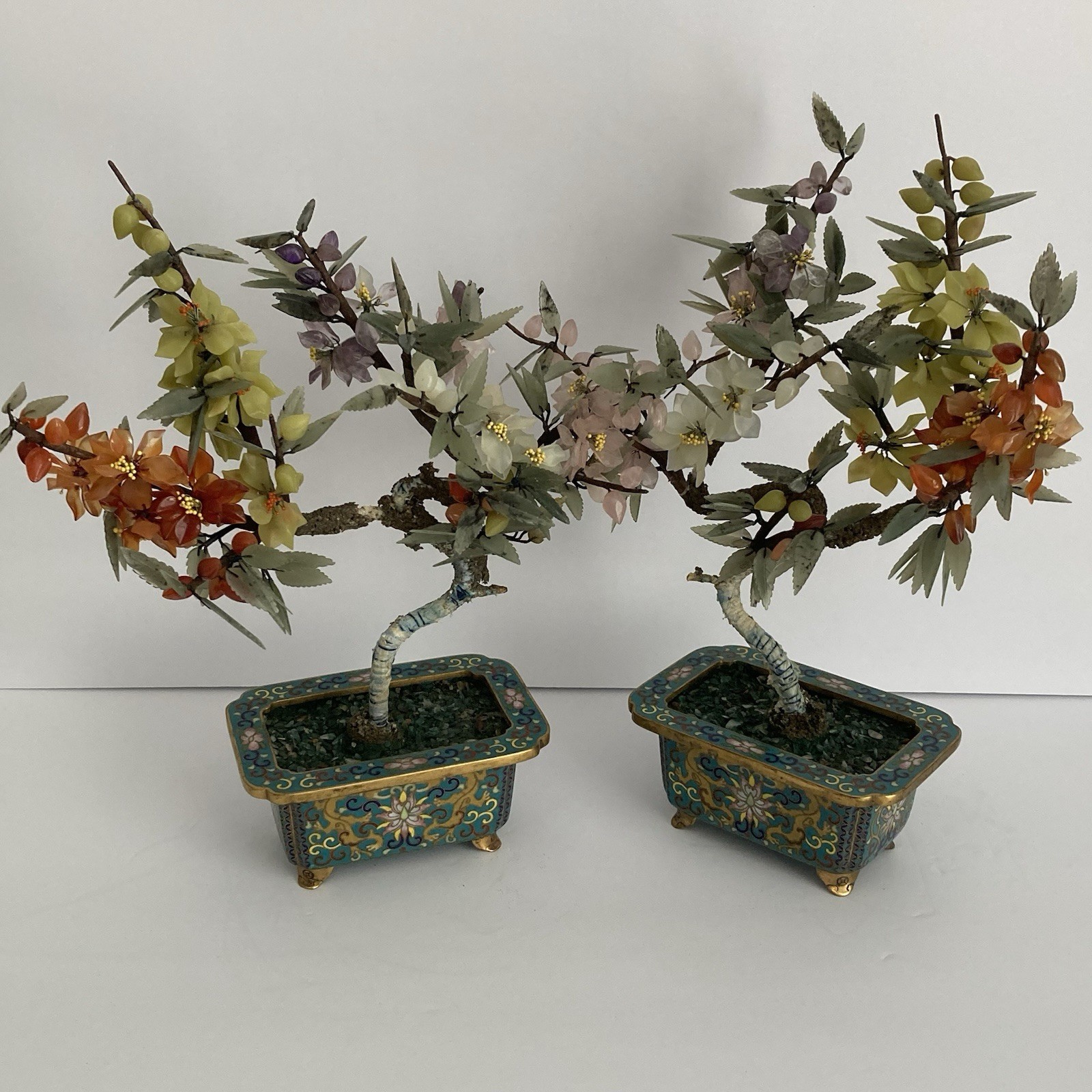 Pair Antique Chinese Jade Bonsai Tree in Cloisonne Pot w Amethyst Carnelian VTG