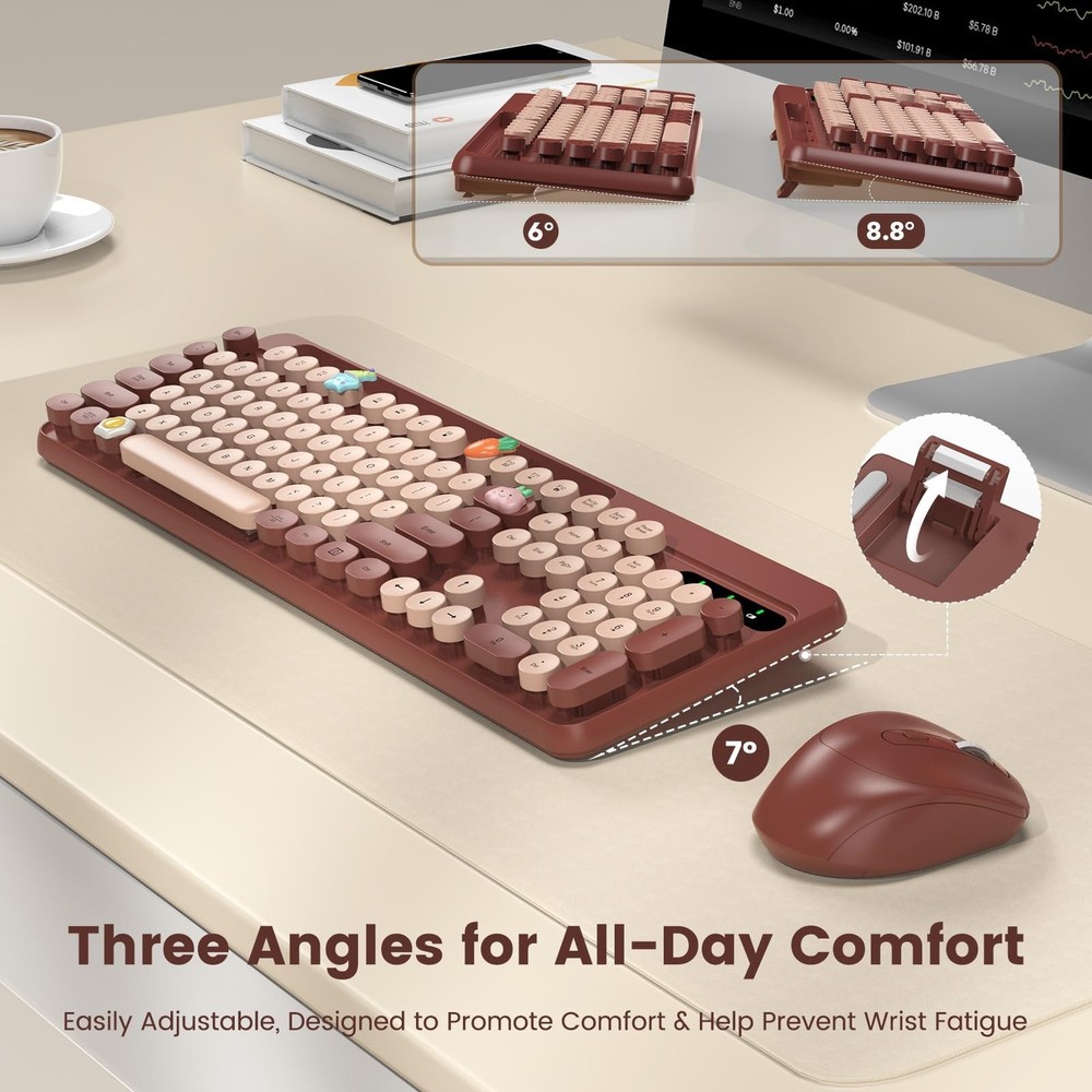 Wireless Keyboard and Mouse Combo, Retro Round Keycaps, Full-Size Stylish Typ...