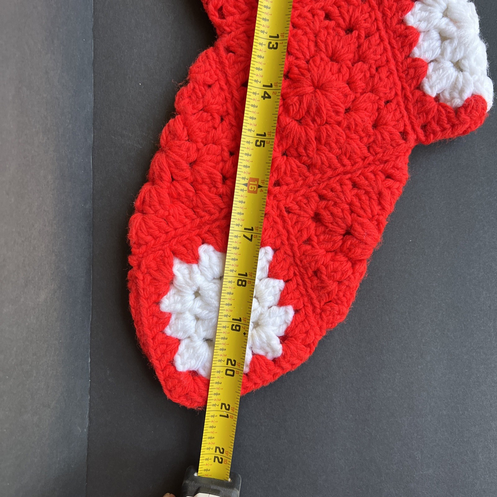 VTG Crochet Christmas Stockings Pair Red White Granny Squares Handmade 21” & 17”