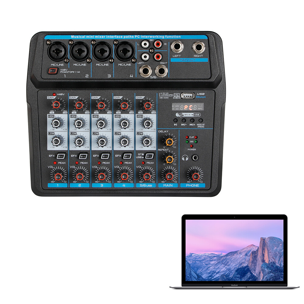 6 Channel Mixer Studio Audio Live Sound Mixing Console Amplifier Bluetooth USB