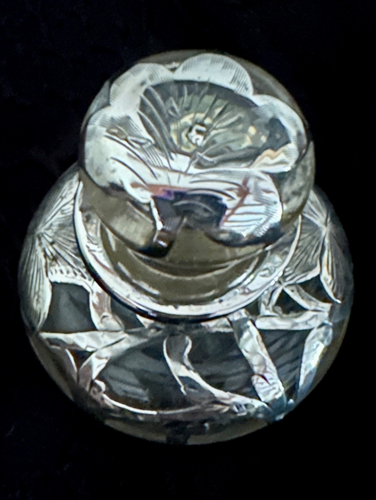 Antique Art Nouveau Sterling Silver Overlay Clear Glass Scent/Perfume Bottle