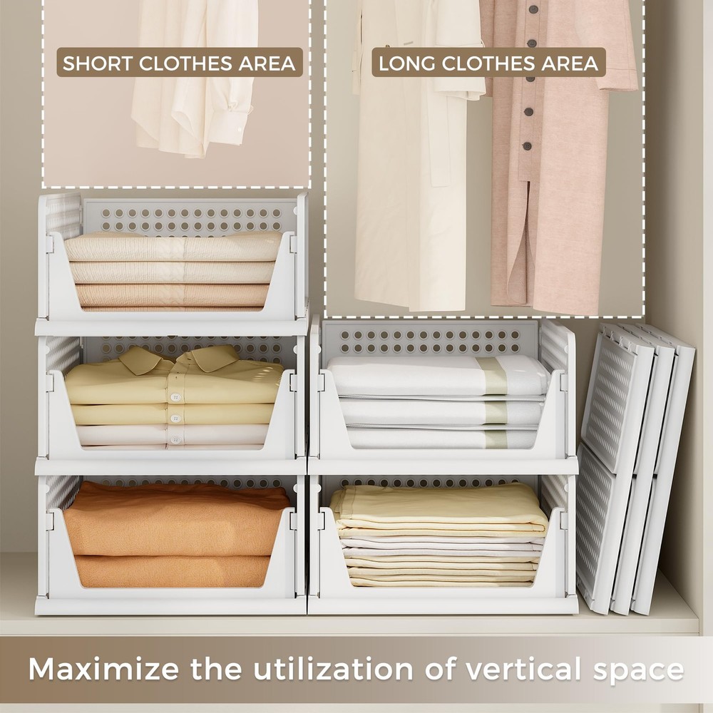 8 Pack Closet Organizers and Storage Plastic Stackable Storage Bins, Foldable...