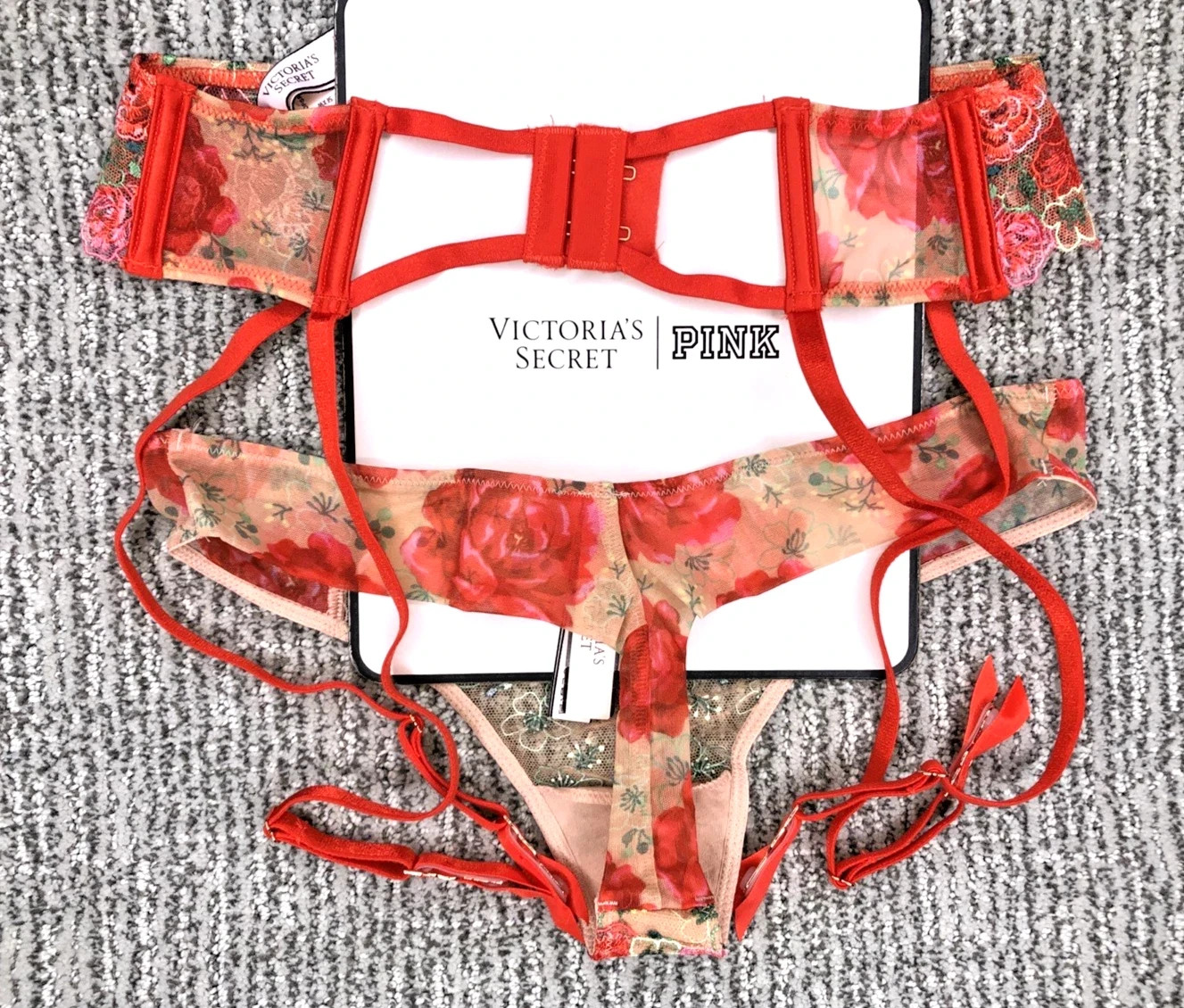 Victoria's Secret NWT Small Red Floral Embroider Garter Belt Thong Panty Set