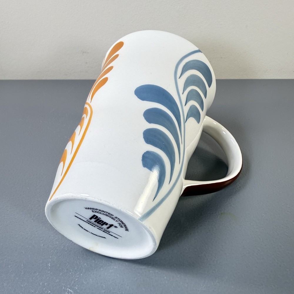 Pier 1 Hand Painted Mug White Multicolor Leaf Pattern Stoneware Cup