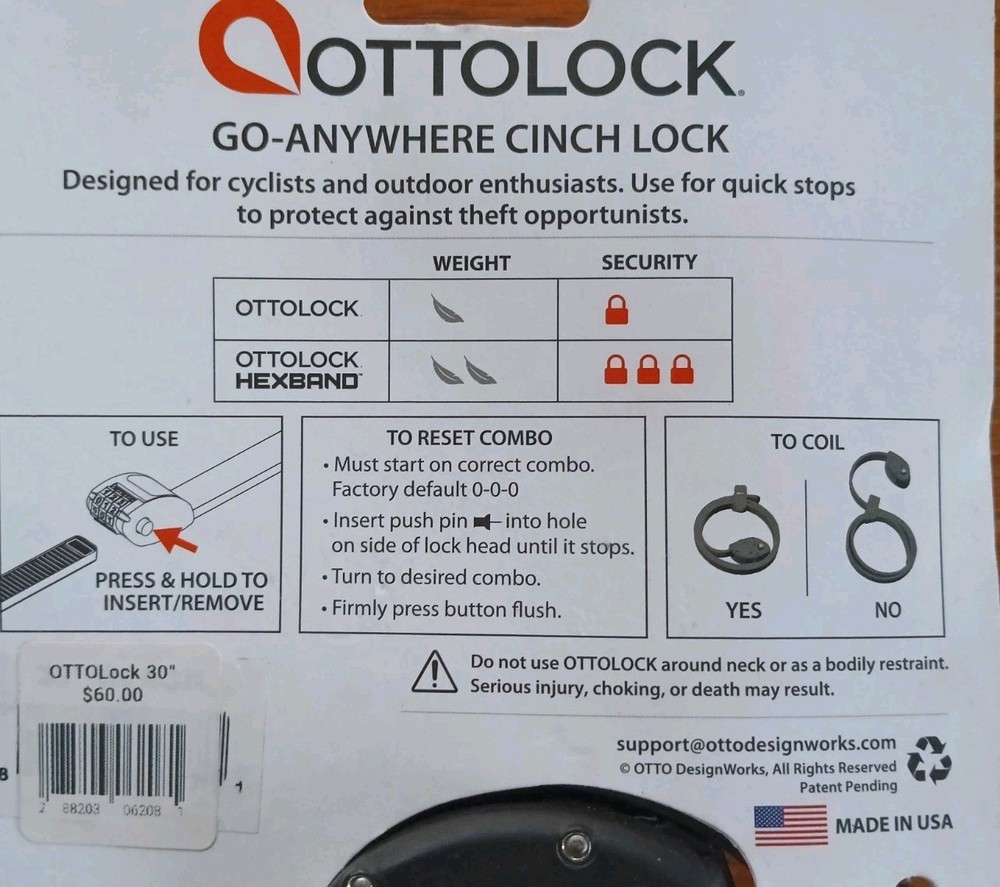 OTTOLOCK 30" Cinch Lock Lightweight Compact Security Lock made with Kevlar