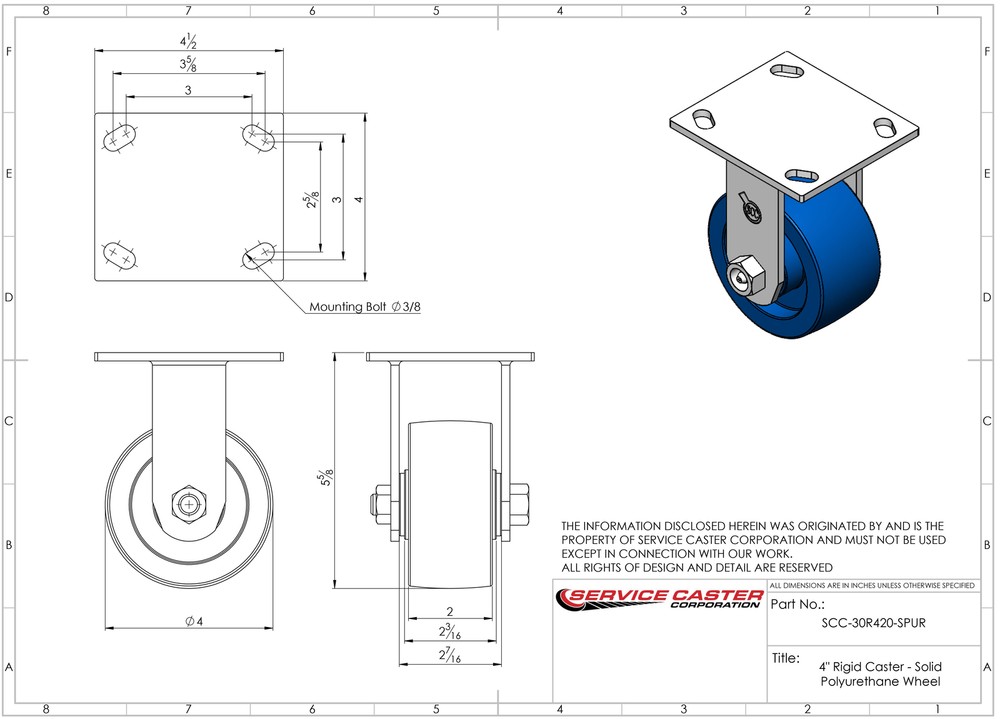 4 Inch Solid Polyurethane Caster Set with Roller Bearings 2 Swivel Lock 2 Rigid
