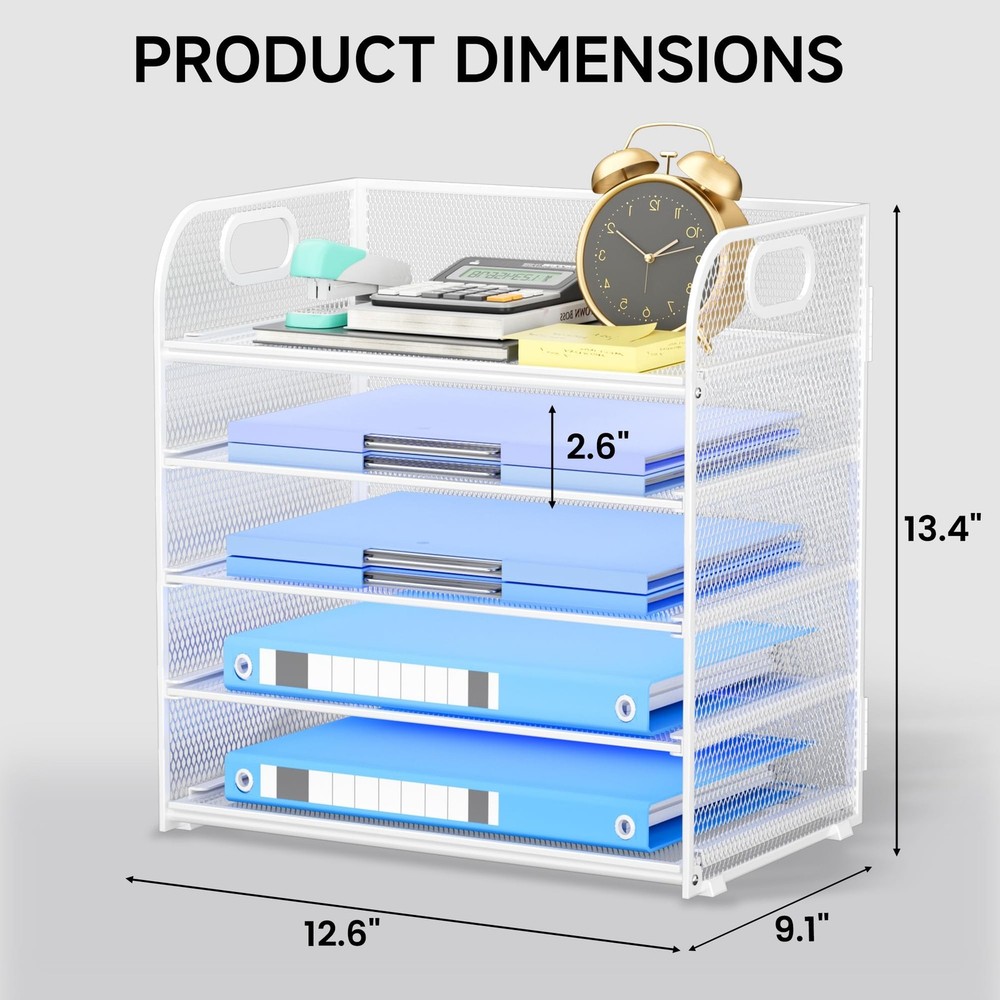 5-Tier Stackable Paper Organizer with Handle, White Metal Mesh Desk Organizer...