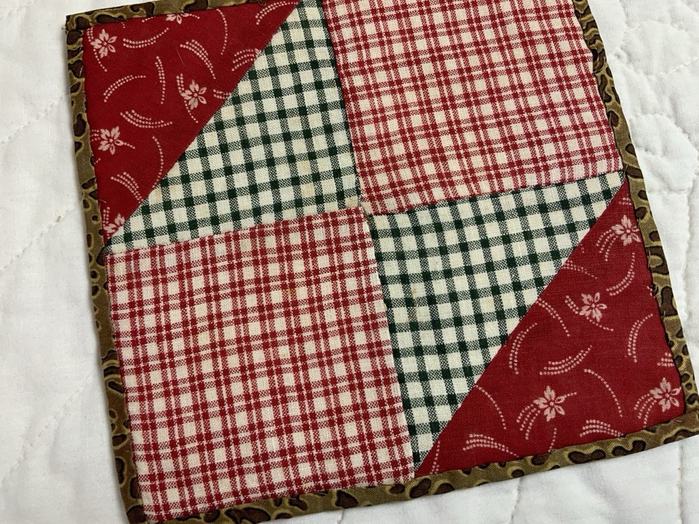 Antique Patchwork Quilt Table Topper, Four Patch, Early Calicos, Checks, Red