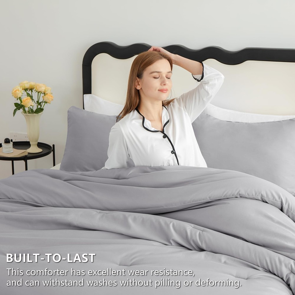 CozyLux Queen Comforter Set Grey, 3 Pieces Solid Comforters Queen, Grey