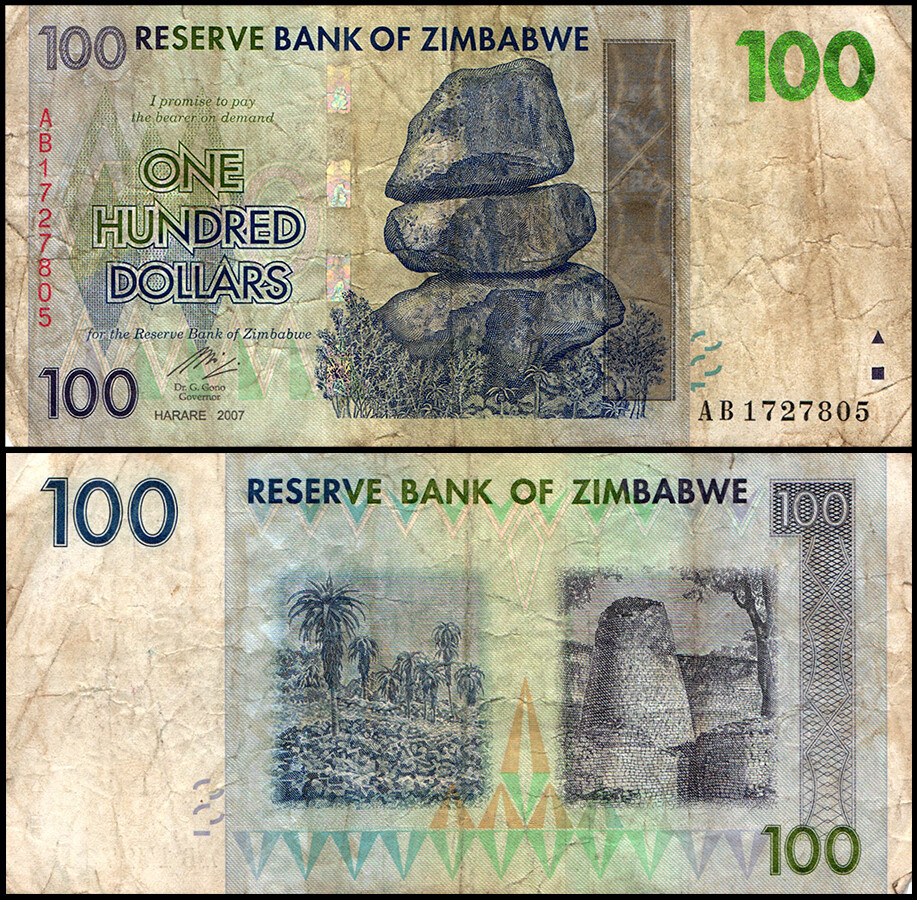 Zimbabwe 100 Dollars, 2007, P-69, Damaged