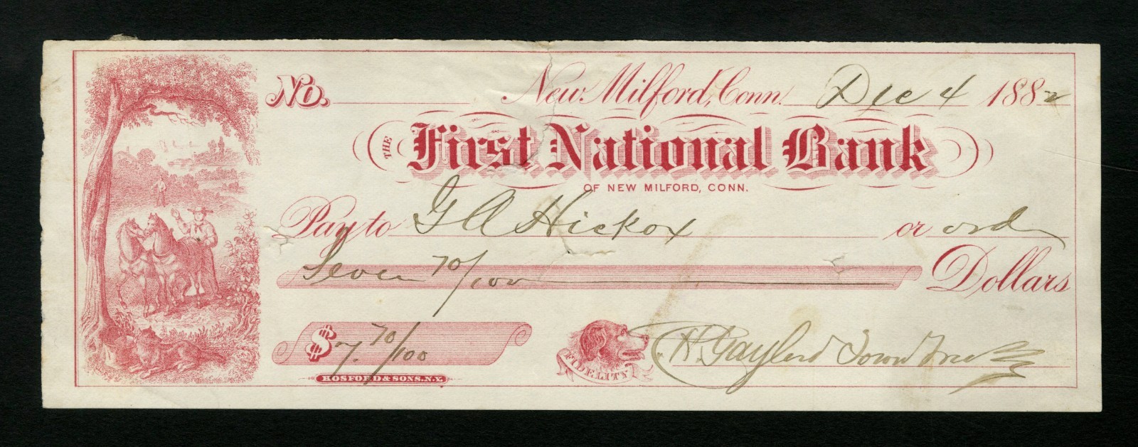 1882 First National Bank Of New Milford, Connecticut Check (Ch 1193)