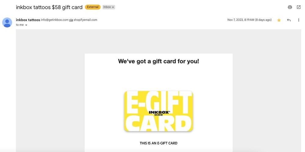 $58 inkbox giftcard