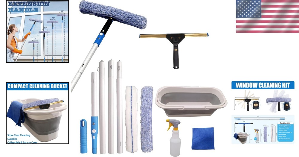 Effortless Clean Squeegee Kit with Adjustable Pole & Microfiber Cloths Inside