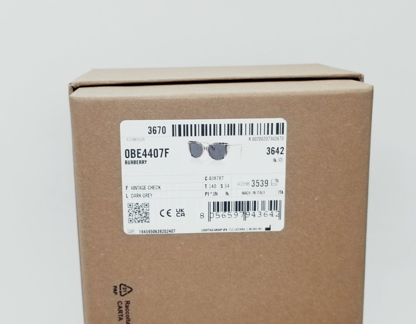 BURBERRY vintage check/dark grey BE4407F 408787 54 sunglasses NEW IN BOX!