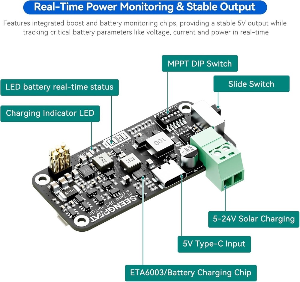 UPS HAT Raspberry Pi Zero,5V Solar Power Supply 5V-24V Input I2C Battery