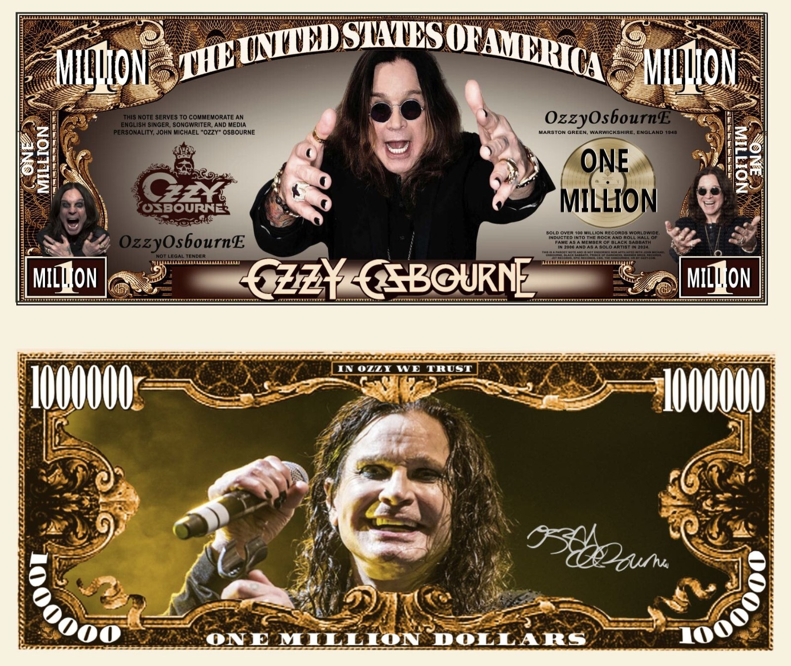 Ozzy Osbourne Million Dollar Bill Play Funny Money Novelty Note + Free Sleeve