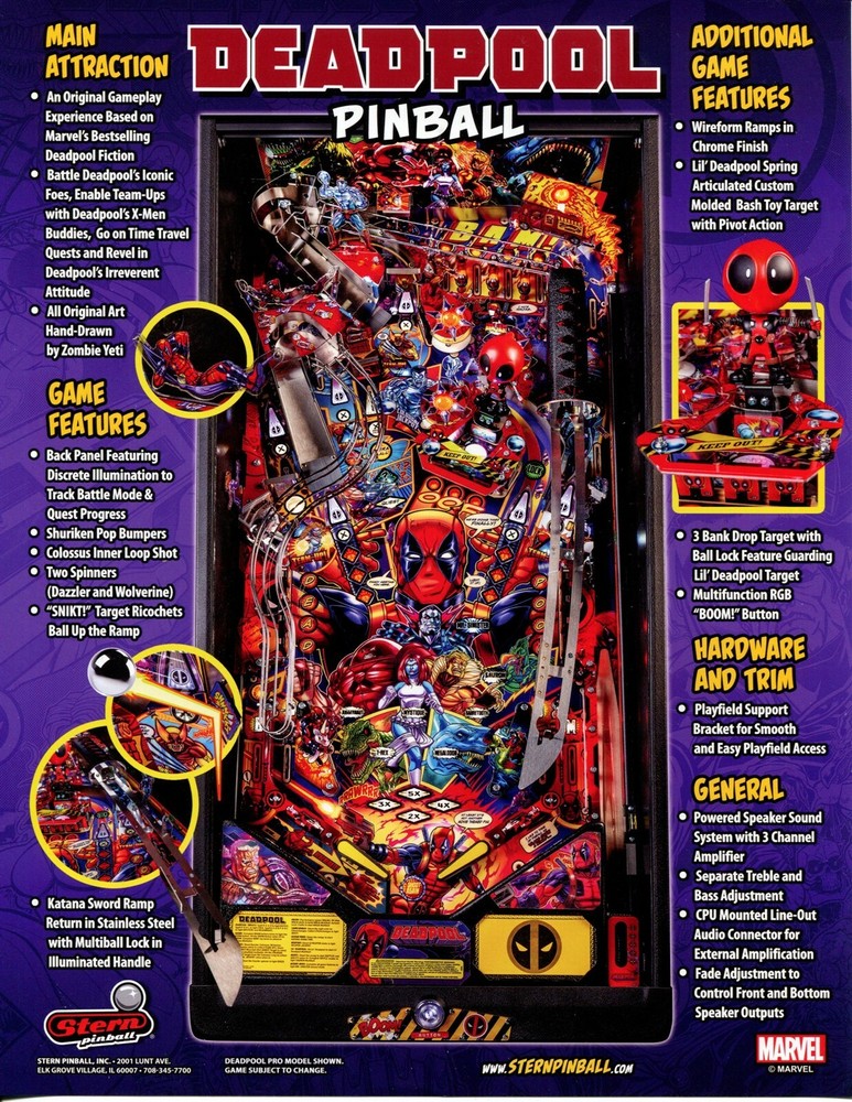 Deadpool Pro Model Stern Pinball Flyer / Brochure / Ad Mint
