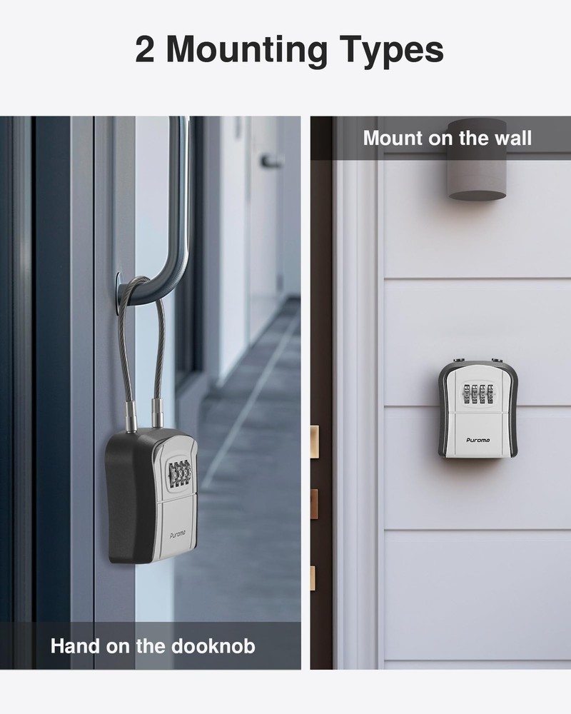 2 Pack Portable Lock Box, Removable Cable, Resettable, Wall-Mounted, Grey