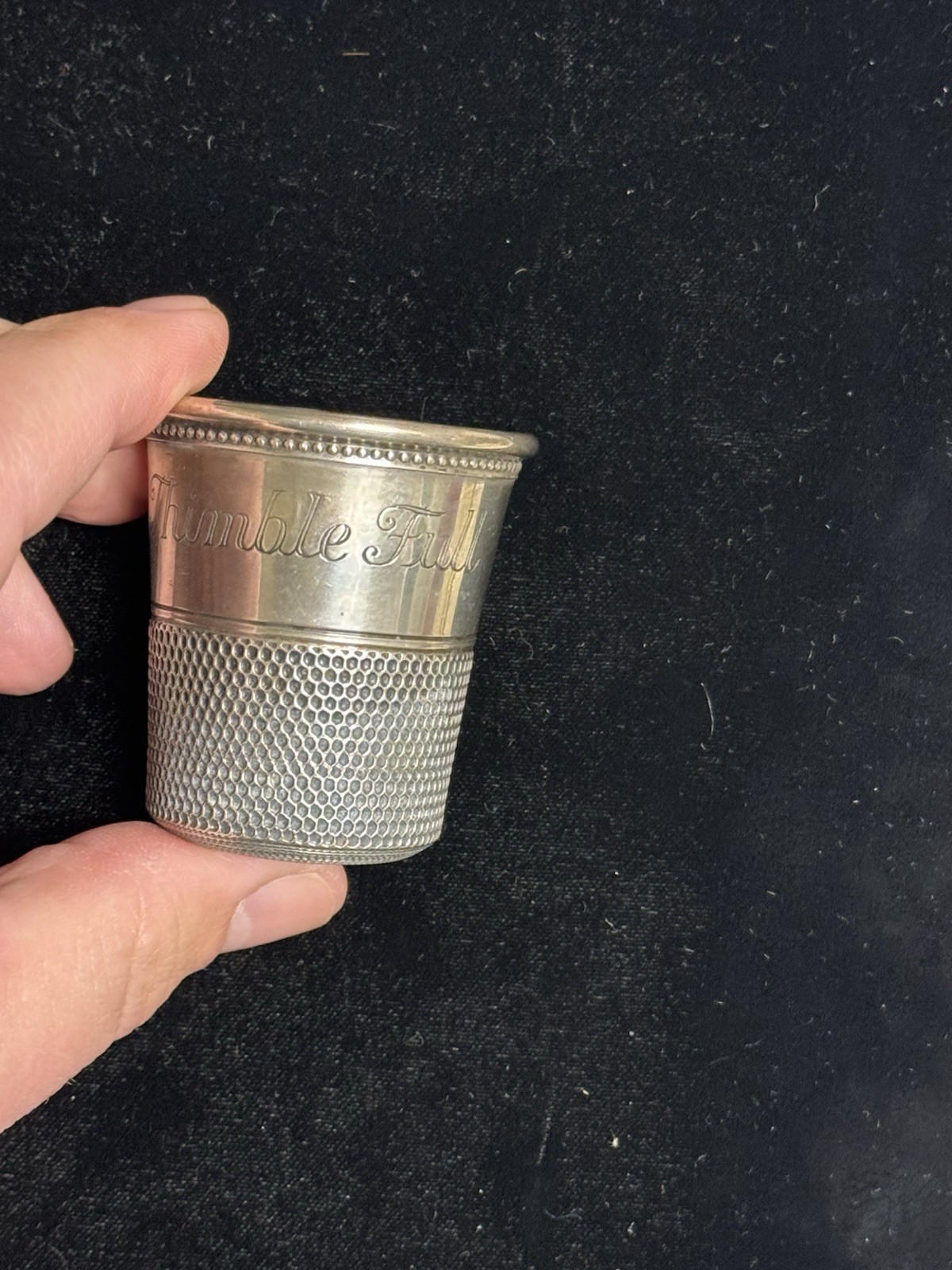 Antique Sterling "Only A Thimble Full" Shot Glass By Charles Thomae