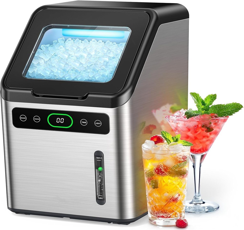 Compact Stainless Steel Nugget Ice Machine - 44lbs Daily & Timer Function