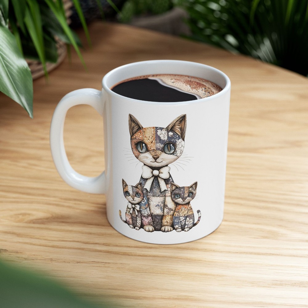 Patchwork Cat Mug Cat Patchwork Art Gift Cute Coffee Cup for Women