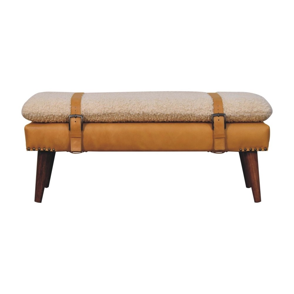 Boucle and Tan Leather Bench