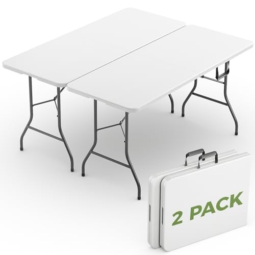 Folding Table 2 Pack, 6 FT Foldable Plastic Table with 6FT - 2 Pack White