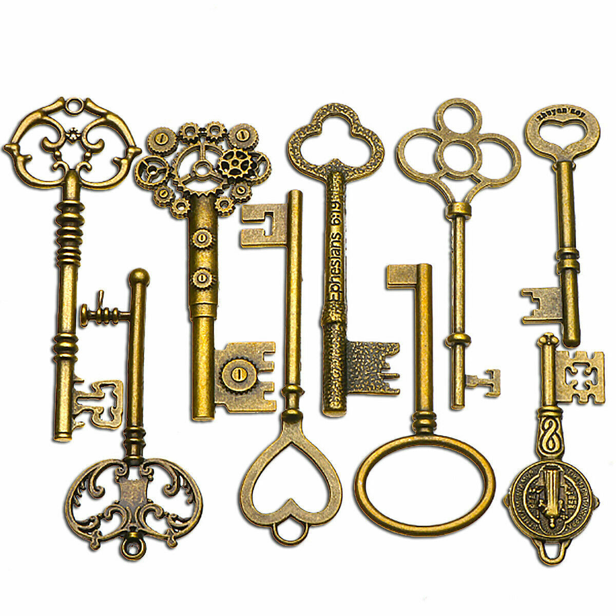 9pcs  old Brass Skeleton Lot Keys BIG Large Antique Vintage for DIY Making Lock