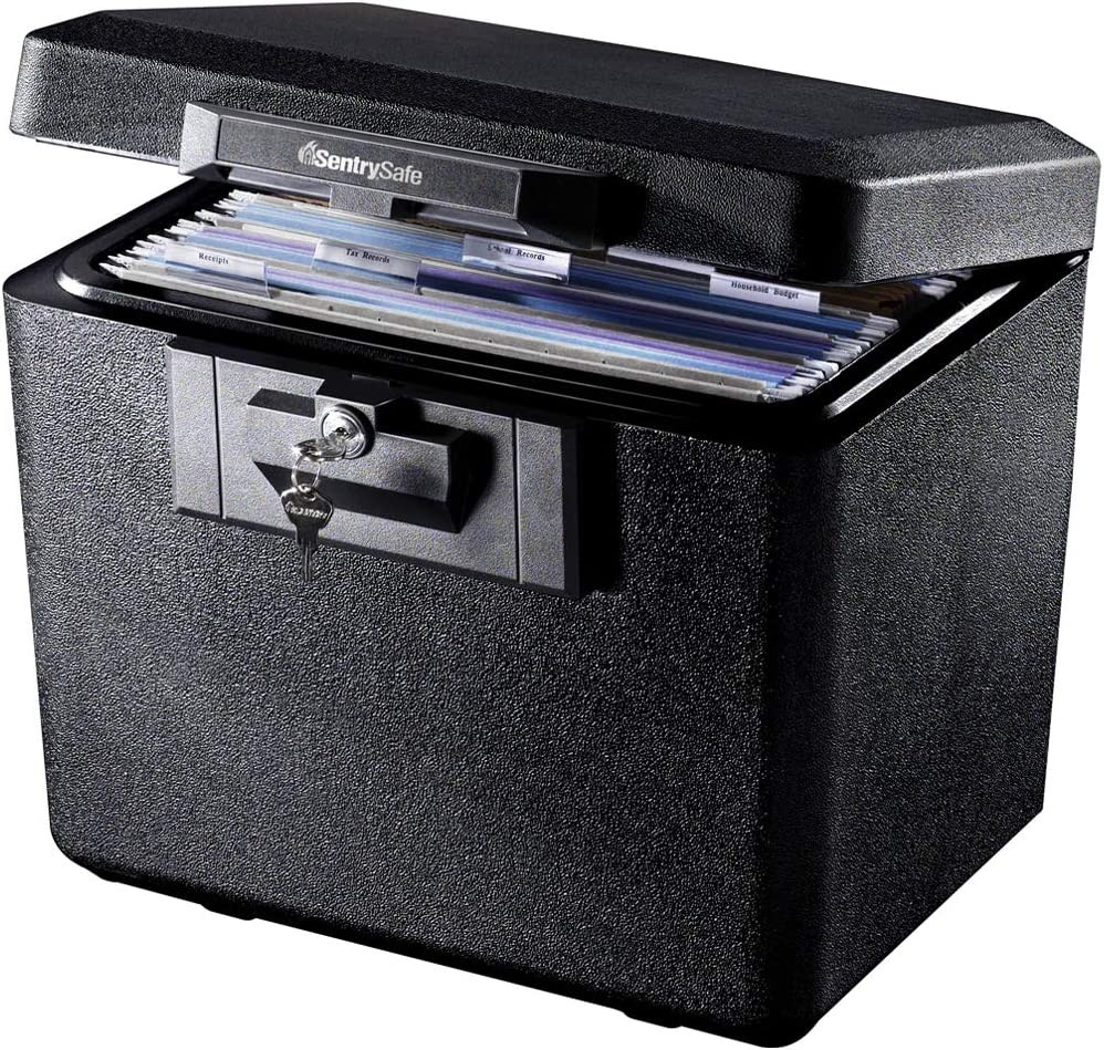 Black Fireproof Document Box with Key Lock, Safe Secures Files and Documents for