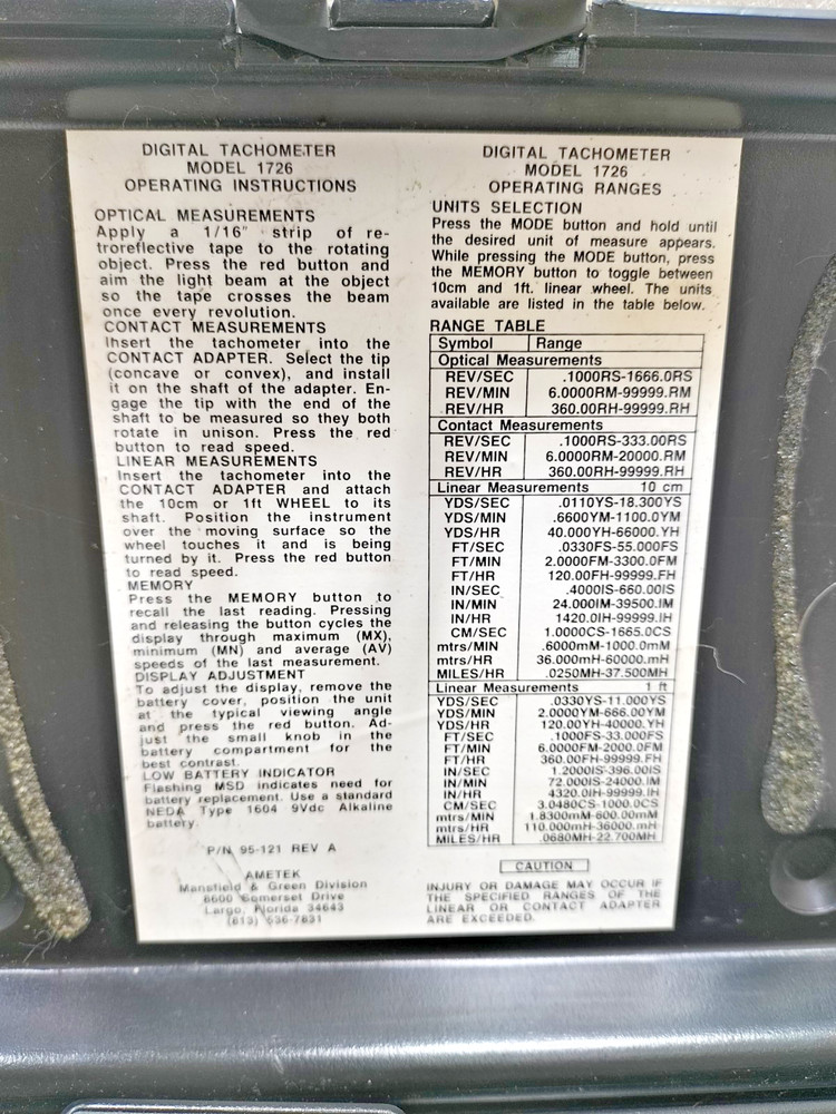 AMETEK MODEL 1726 DIGITAL TACHOMETER DUAL FUNCTION