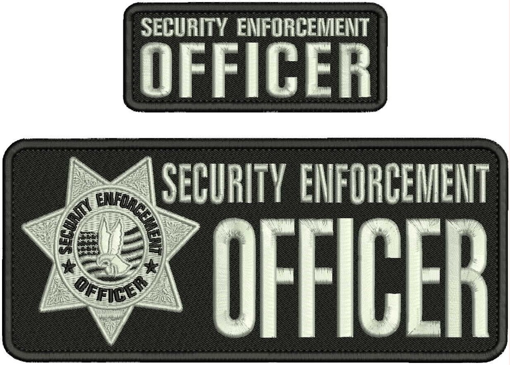 SECURITY ENFORCEMENT OFFICER EMB PATCH 4X10 AND 2X5 HOOK ON BACK SILVER ON BLACK