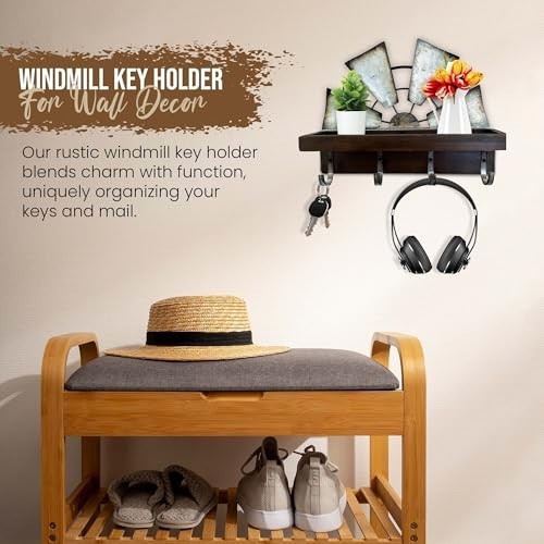 Rustic Windmill Key Holder Wall Mount - Decorative Mail Rack with Shelf & 4 Hook