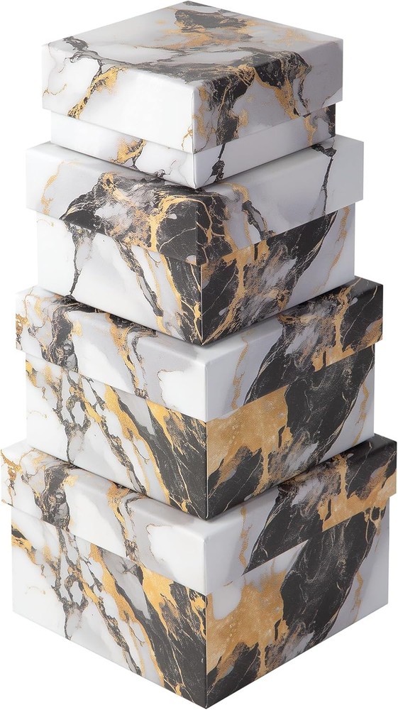 4 PC SET - Square Gift Boxes with Lids, Gold Black & White Marble, Nested Boxes