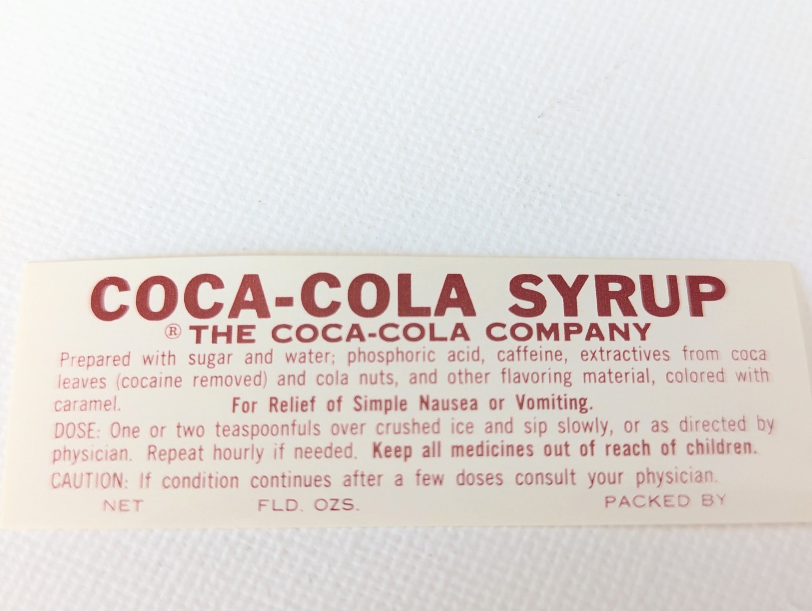 Coca-Cola Syrup Pharmacy Label "cocaine removed" 1950-60's UNUSED Gummed Back