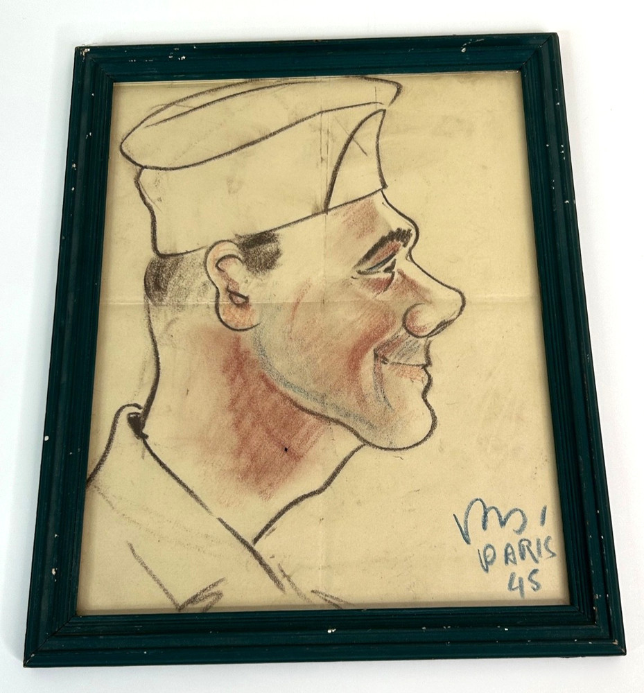 WWII 1945 US Serviceman Framed Cartoon Sketched Portrait