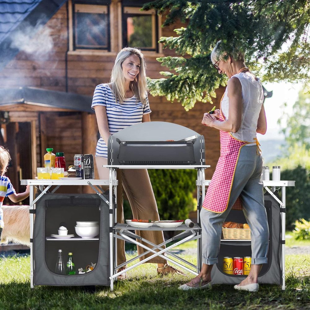Camping Kitchen Station, Folding Grill Table with 26'' Tabletop, 2 Side Tables,