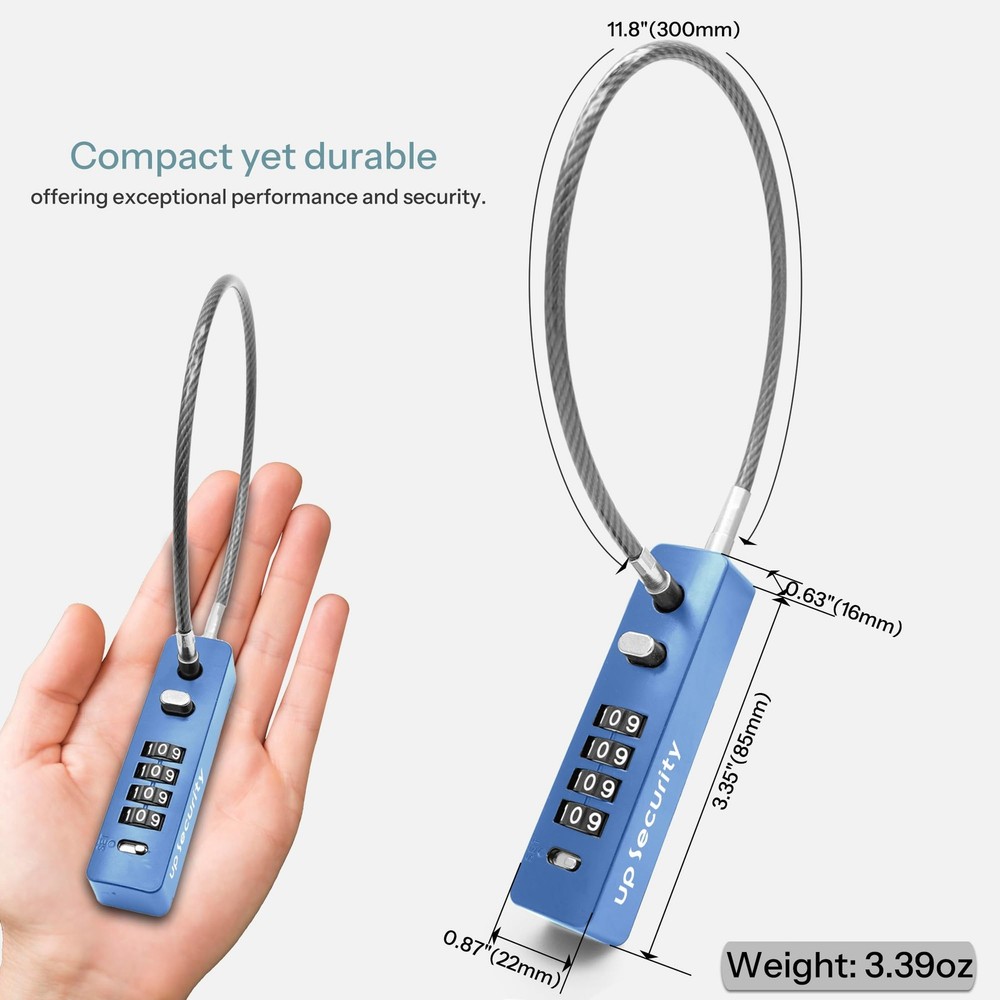 UP Security 4 Digit Combination Cable Lock for Short Cable, Blue, 11.8"(30cm)