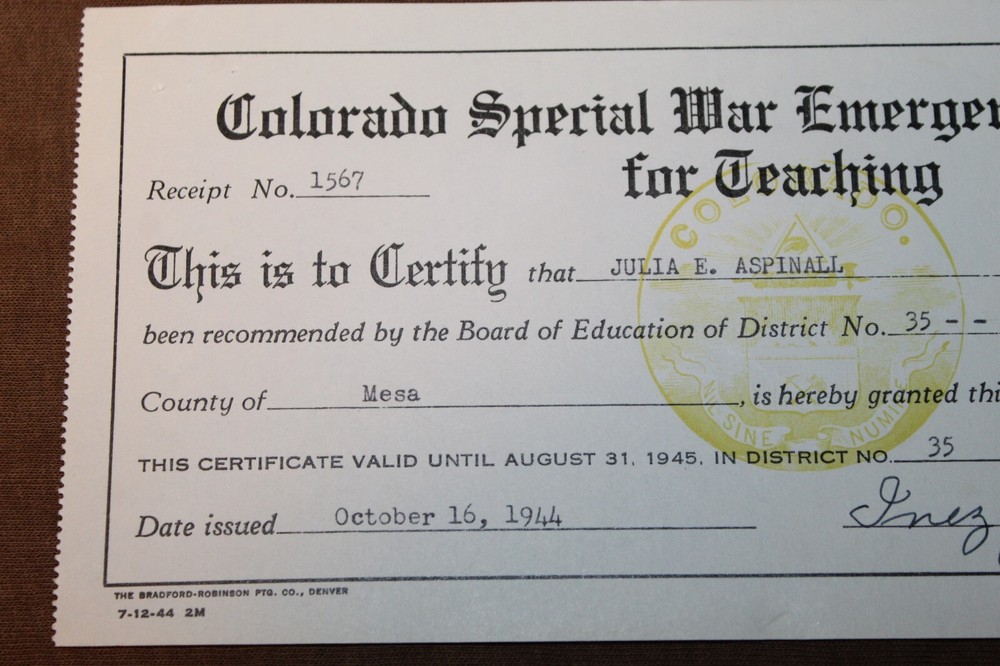 Original WW2 U.S. Homefront Colorado Special War Emerg. Certificate for Teaching