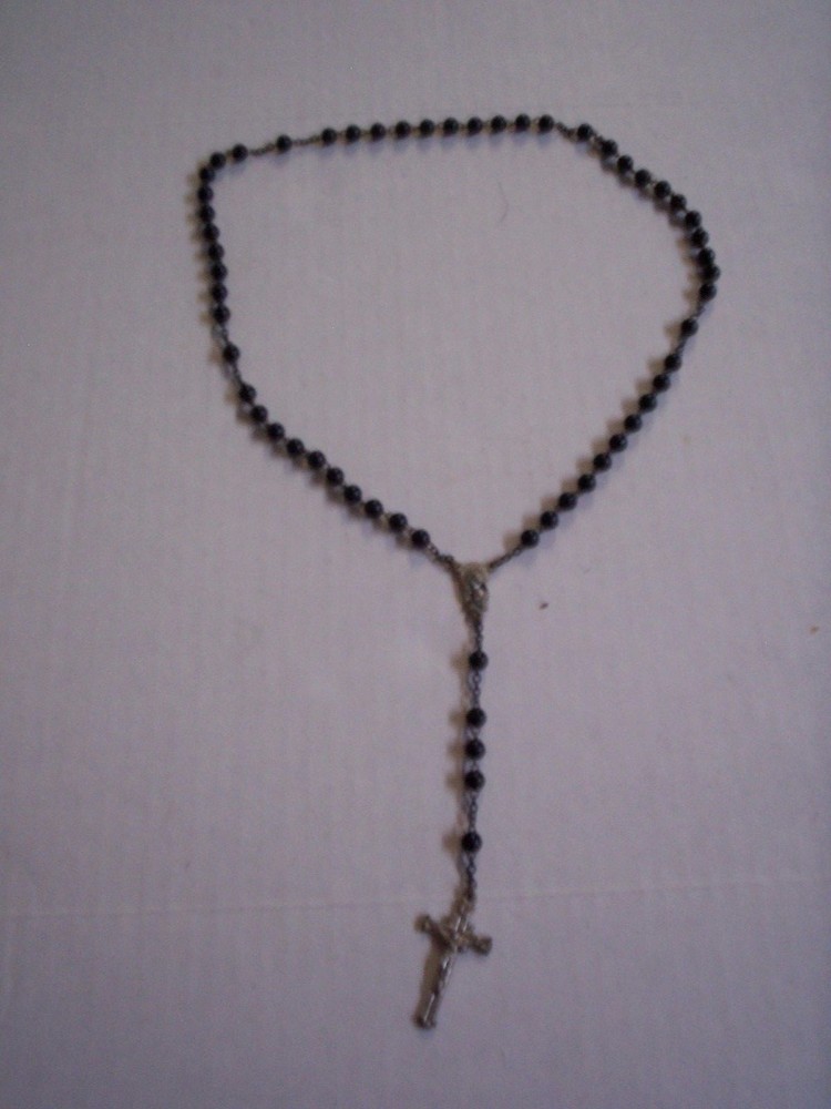 Rosary, Black Beads with Silver-Plated Cross, 16", Brand New