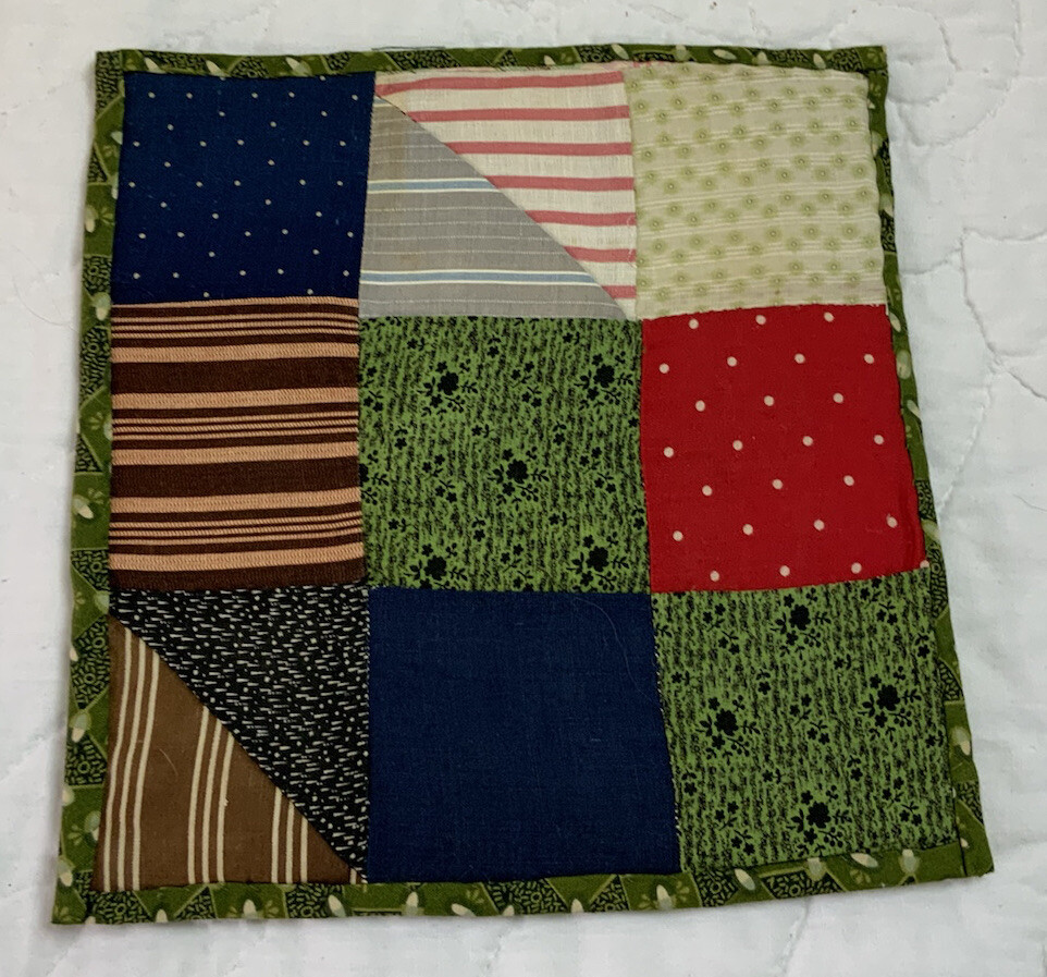 Vintage Patchwork Quilt Table Topper, Nine Patch, Early Calico Prints, Multi