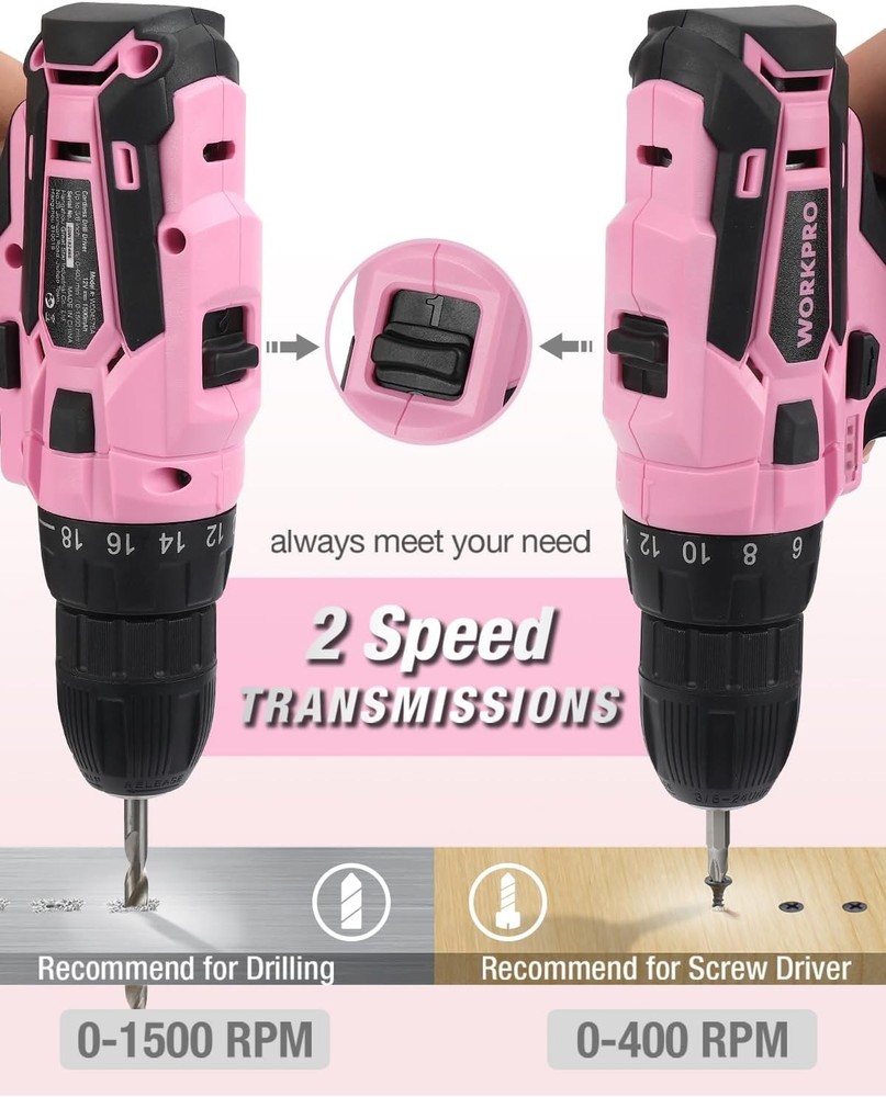WORKPRO Pink Cordless Drill Driver Set, 12V Electric Screwdriver Driver Tool Kit