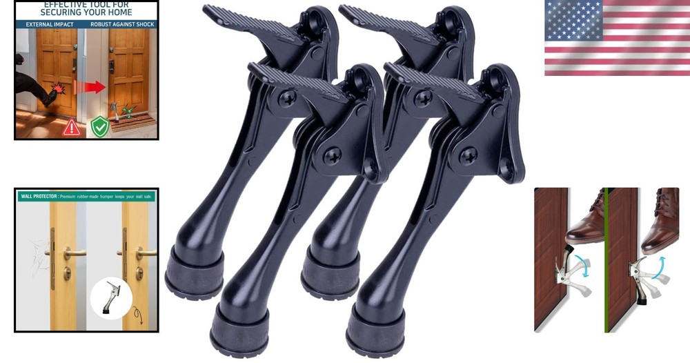 Adjustable Kickdown Door Stopper 4" Black 4-Pack