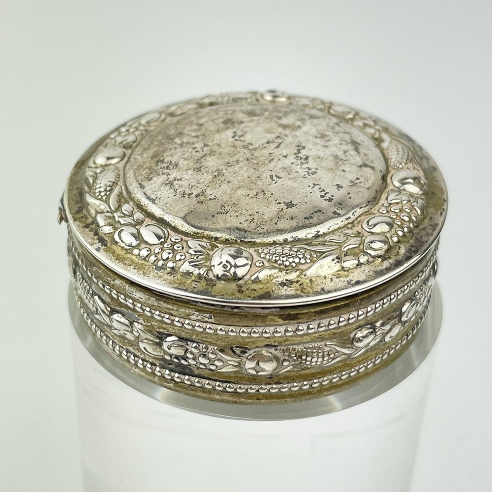 Antique Probably German Solid 800 Silver Trinket Box Fruit & Veg Scroll 4.2cm