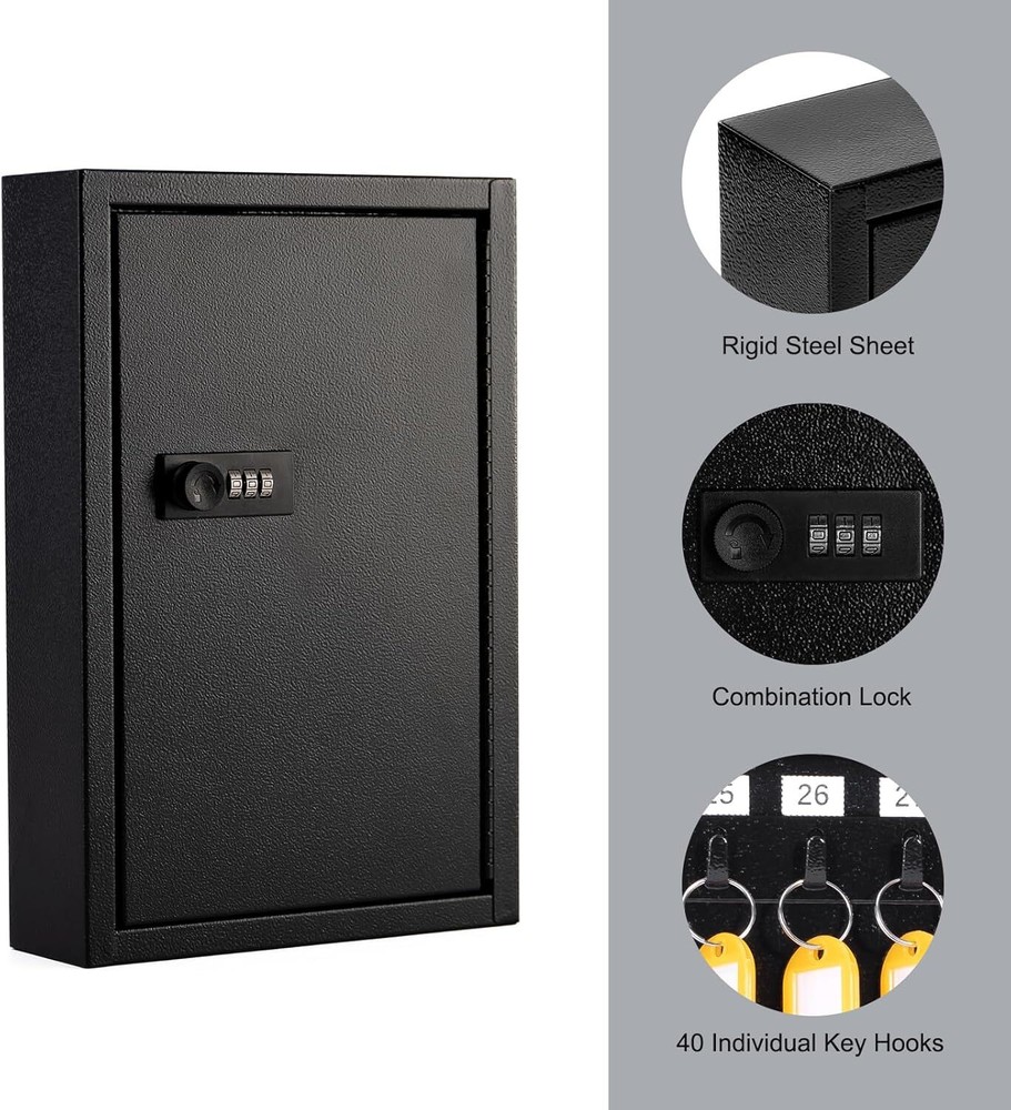 Key Box Wall Mount with Code, Key Cabinet Lock Box for 40 Keys, Metal Key Sto...